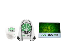 Ensemble promotionnel avec sac justbo, calendrier et conteneur trim cbd mix indoor 