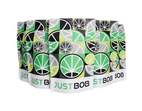 Emballages avec logo vert de JustBob pour fleurs de CBD
