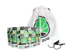 Sac à dos blanc avec logo vert de JustBob et sachets pour fleurs de CBD Sac à dos et Sachets JustBob - Fleurs CBD