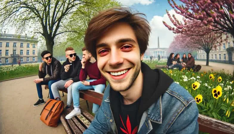 yeux rouges garçon dans le parc, souriant et les yeux | rouges | just bob