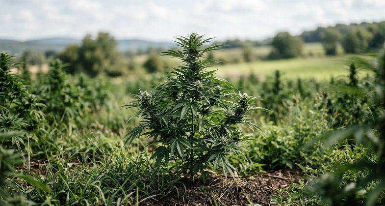 Plants de chanvre industriel en exterieur dans un champ agricole declare conforme au seuil europeen de THC