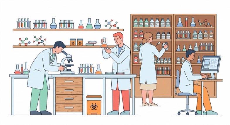 controle-qualite-laboratoire-small-buds Illustration de scientifiques analysant des échantillons de CBD dans un laboratoire de contrôle qualité