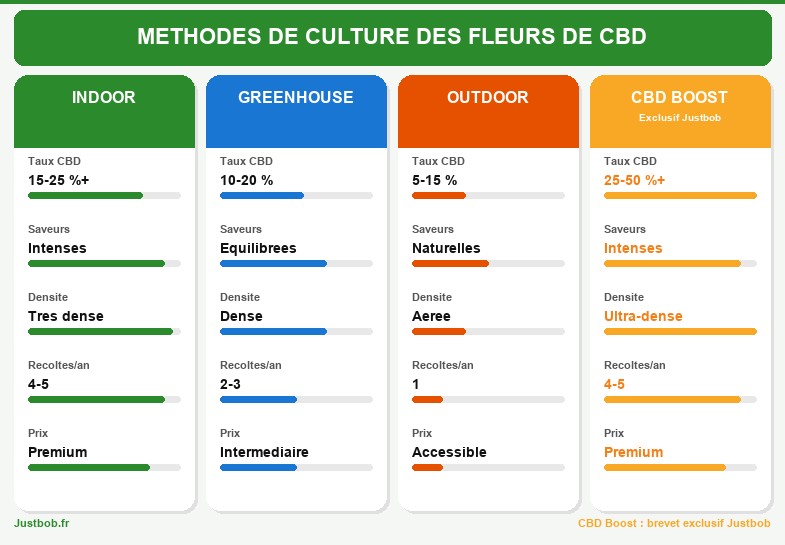 Infographie comparant les trois méthodes de culture des fleurs de CBD Indoor Greenhouse et Outdoor avec taux densité arômes et prix