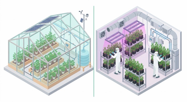 methodes-culture-small-buds-cbd Illustration isométrique des méthodes de culture greenhouse et indoor pour les fleurs de chanvre CBD
