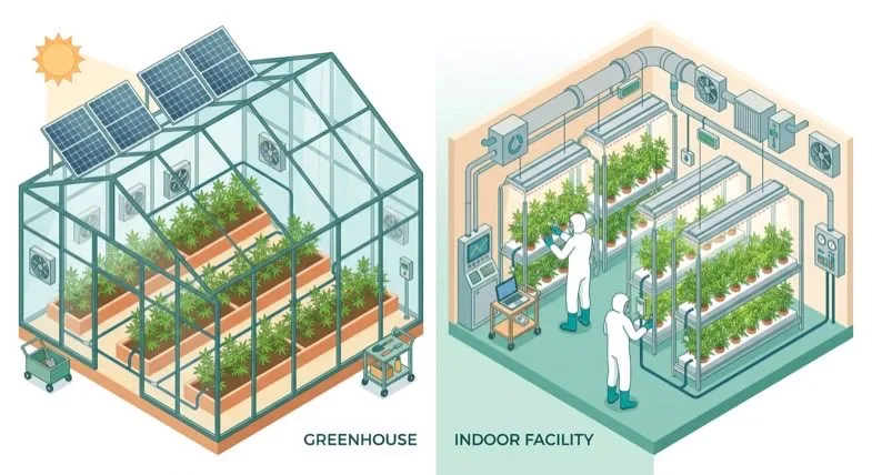 methodes-culture-trim-cbd Deux méthodes de culture du chanvre CBD comparées, serre greenhouse et installation indoor avec opérateurs