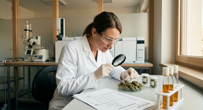 Scientifique examinant des fleurs de CBD en laboratoire de contrôle qualité, analyse des cannabinoïdes et de la teneur en THC
