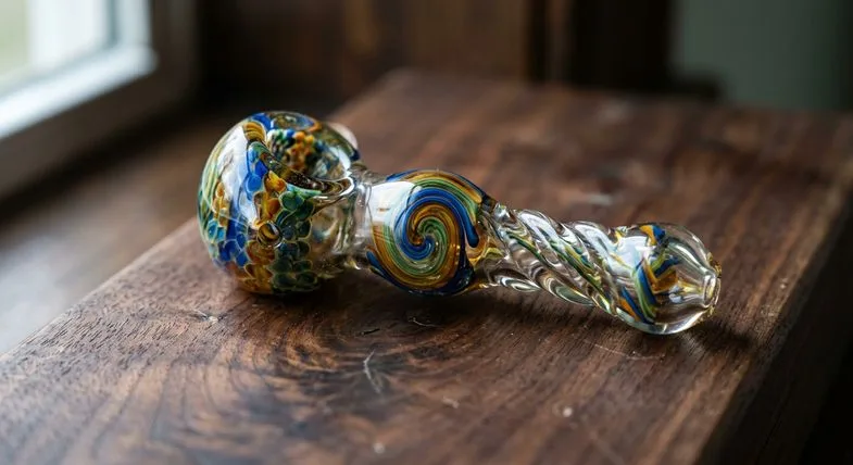 Pipe CBD en verre borosilicate soufflé à la main avec motifs colorés et finitions artisanales sur fond sombre