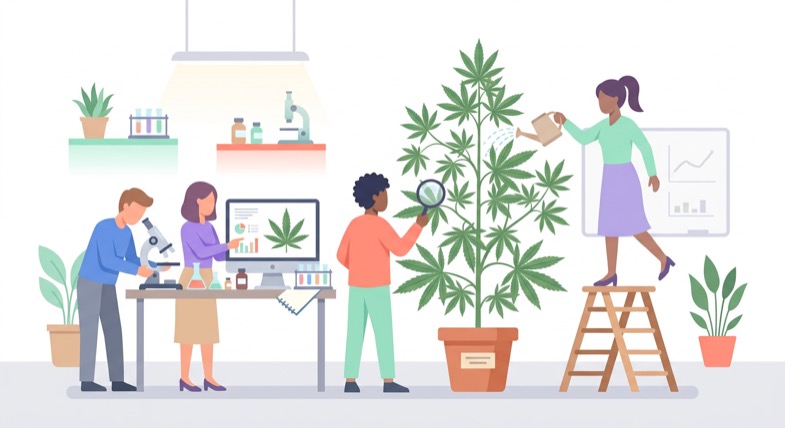 recherche-plante-cbd-small-buds Illustration de chercheurs examinant une plante de chanvre CBD avec loupe et microscope en laboratoire