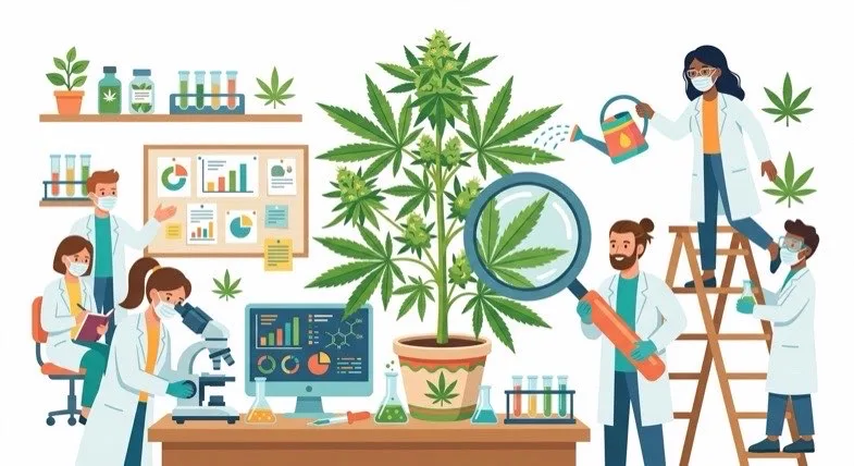 recherche-qualite-trim-cbd Scientifiques examinant une plante de chanvre CBD avec loupe et microscope dans un laboratoire de contrôle