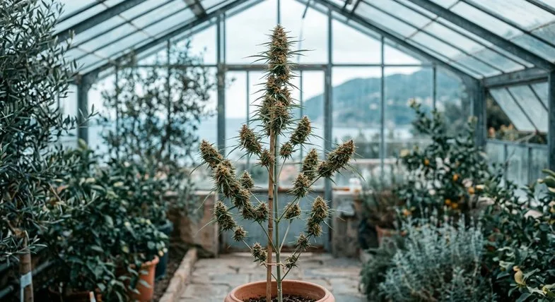 Amnesia Haze sativa serre méditerranéenne Plante sativa Amnesia Haze élancée en floraison à l'intérieur d'une serre méditerranéenne avec vue sur la côte
