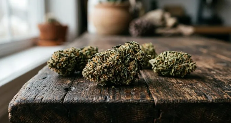 Bourgeons de fleurs de chanvre industriel CBD légal posés sur une table en bois, alternative française au cannabis hollandais à forte teneur en THC