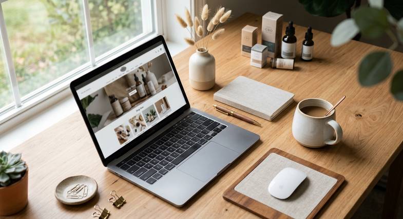 Ordinateur portable ouvert sur la page d'une boutique CBD en ligne posé sur un bureau en bois avec flacons de produits CBD, mug et plante illustrant l'achat de cannabis CBD en ligne en France