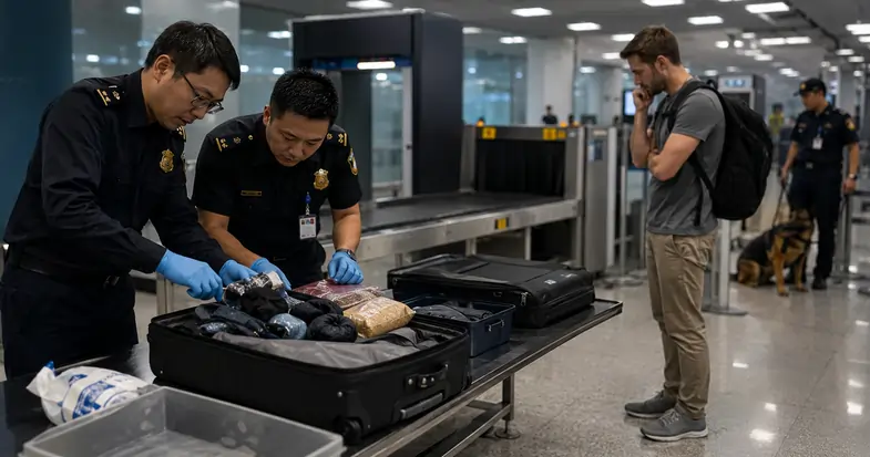Contrôle de valise à l’aéroport au Japon avec un jeune homme soupçonné de transporter du cannabis | Justbob