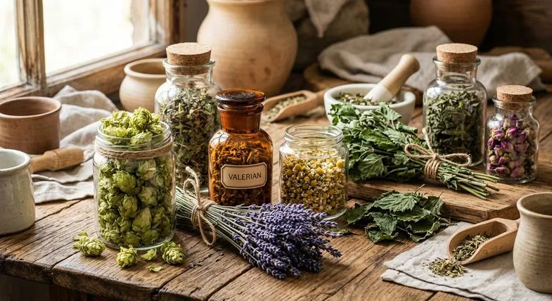 Plantes alternatives au cannabis légales en France : houblon, valériane, lavande, camomille et mélisse sur table en bois pour réduction des risques
