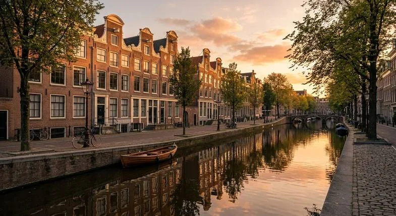 Vue panoramique des canaux d'Amsterdam au coucher du soleil avec maisons traditionnelles illustrant le contexte de l'achat de cannabis aux Pays-Bas