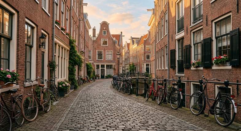 Ruelle pavee d'Amsterdam au coucher du soleil avec maisons en briques traditionnelles velos illustrant le patrimoine architectural neerlandais cadre des coffee shops historiques de la capitale