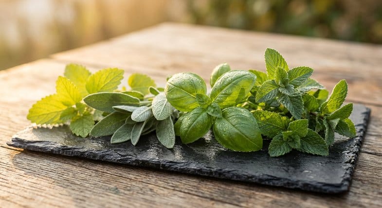 Macrophotographie botanique de fines herbes culinaires fraîches basilic menthe mélisse sauge sur planche en ardoise avec rosée du matin, sans chanvre visible