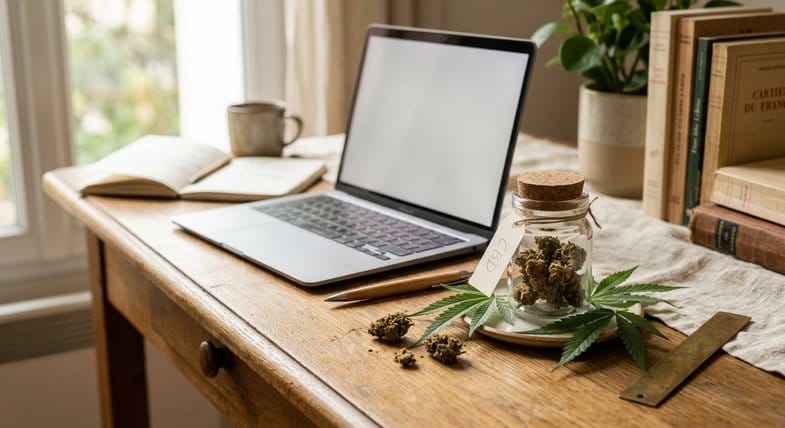 Bureau en bois avec ordinateur portable ouvert et bocal en verre rempli de fleurs séchées de chanvre CBD légal, ambiance e-commerce français, lumière naturelle douce