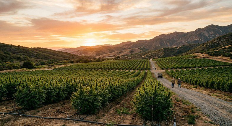 Paysage grand-angle d'un champ de chanvre rural californien au coucher de soleil doré avec collines en arrière-plan, palette ambre et verte chaude, style documentaire