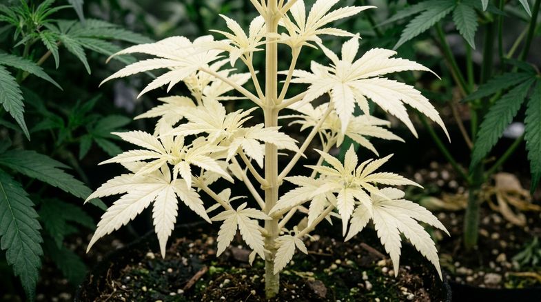 Plante de cannabis albinos aux feuilles pâle claires par déficit de chlorophylle en macrophotographie botanique