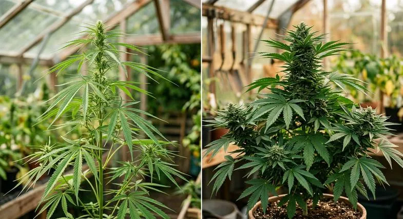 Comparaison visuelle entre cannabis industriel à fleurs et plant de chanvre pour illustrer les différences botaniques et sémantiques entre les deux termes