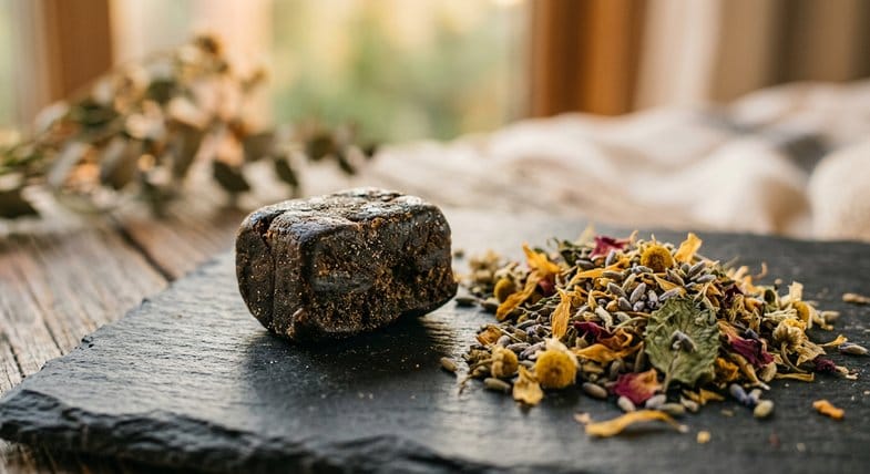 Gros plan d'un petit bloc de résine de hash CBD sombre sur surface en ardoise à côté d'un mélange herbacé sans tabac, lumière dorée, fond neutre