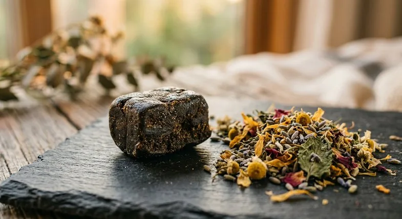 Gros plan d'un petit bloc de résine de hash CBD sombre sur surface en ardoise à côté d'un mélange herbacé sans tabac, lumière dorée, fond neutre