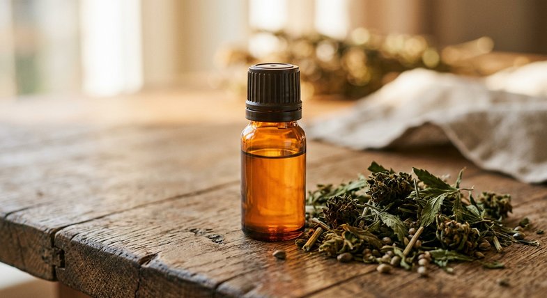 Nature morte d'un flacon ambré d'huile de chanvre CBD légale avec capuchon fermé exposé sur table en bois à côté de feuilles et fleurs de chanvre séchées