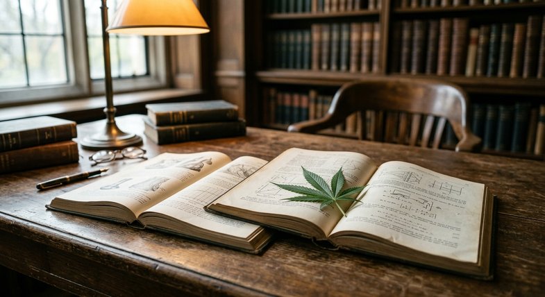 Nature morte de revues scientifiques ouvertes sur un bureau de bibliothèque en bois avec feuille de chanvre fraîche servant de marque-page, lumière de lampe chaude