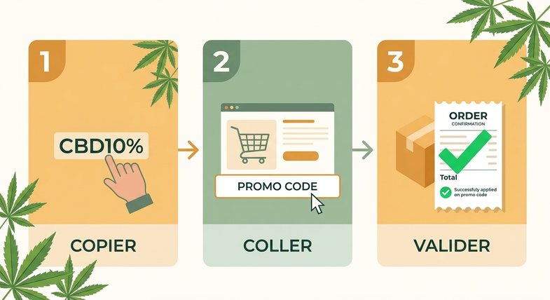 code-promo-cbd-etapes-application Trois étapes pour utiliser un code promo CBD sur Justbob : copier le code CBD10, coller au panier et valider la commande avec confirmation