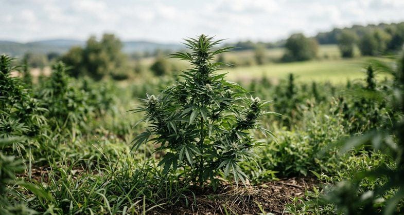 Plants de chanvre industriel en extérieur dans un champ agricole déclaré conforme au seuil européen de THC