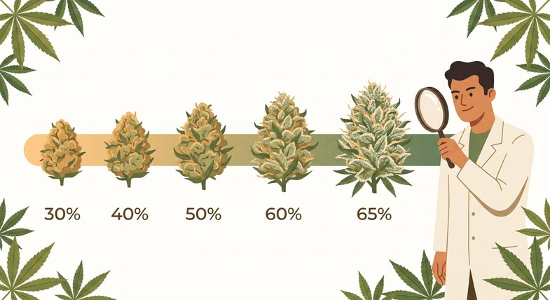Cinq fleurs CBD Boost en gradient de 30 à 65 % de cannabidiol avec scientifique à la loupe en blouse blanche