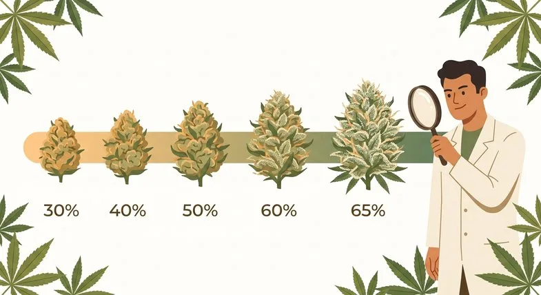 Cinq fleurs CBD Boost en gradient de 30 à 65 % de cannabidiol avec scientifique en blouse blanche à la loupe