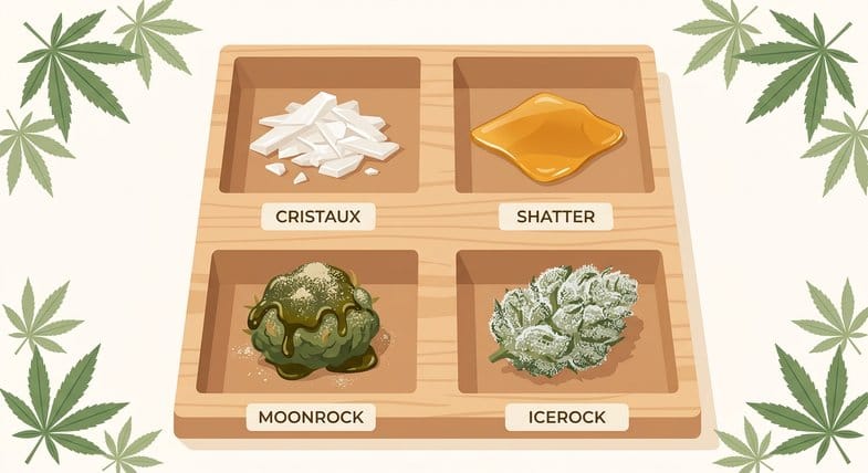 Comparaison visuelle de quatre extraits de CBD : cristaux 99,8 %, shatter ambr&eacute;, moonrock et icerock