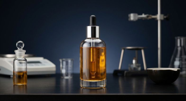 Flacon d'e-liquide ambre avec compte-gouttes pose sur une table de laboratoire avec balance et beakers en verre illustrant le contexte analytique des produits a base de cannabinoides