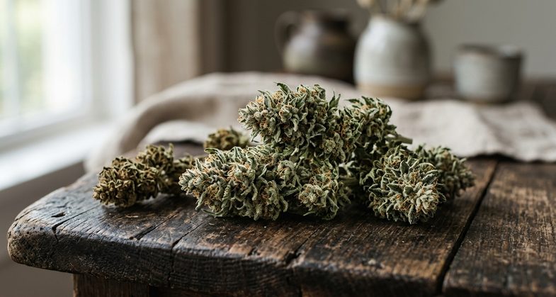 Bourgeons de fleurs de chanvre industriel CBD legal poses sur une table en bois clair illustrant l'alternative legale francaise aux e-liquides THC interdits sur le territoire national