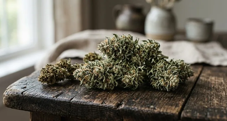 Bourgeons de fleurs de chanvre industriel CBD légal sur table en bois clair, alternative légale française aux e-liquides THC interdits en France