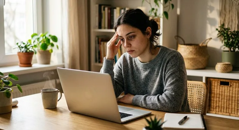 Jeune femme fatiguée au bureau le matin devant un ordinateur, main près de la tempe, illustrant les effets de la beuh le lendemain