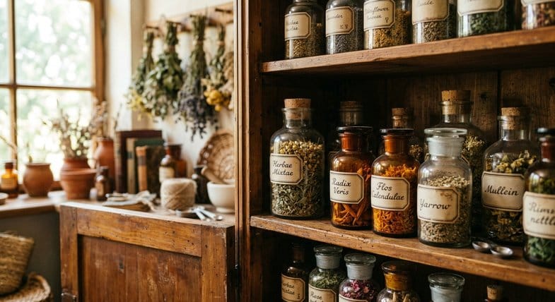 Étagère d'herboristerie ethnobotanique avec bocaux en verre étiquetés contenant des plantes médicinales séchées, meuble en bois chaud, atmosphère traditionnelle
