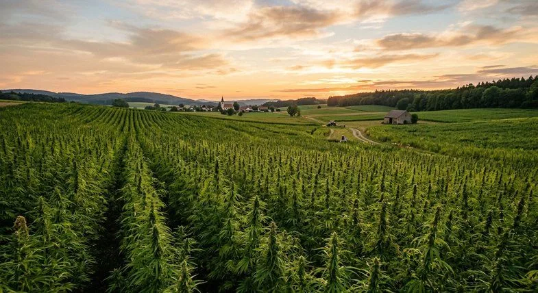 Paysage grand-angle d'un champ de chanvre industriel en Europe au coucher de soleil avec rangées de plantes vertes, palette ambre et verte, style documentaire