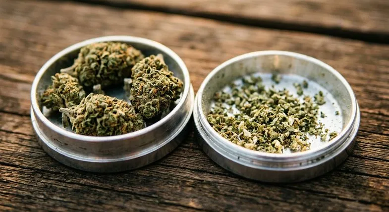 Gros plan macro d'un grinder en aluminium poli ouvert en deux moitiés avec des fleurs séchées de chanvre CBD et particules à l'intérieur, sur table en bois sombre