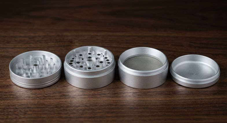 Grinder weed en quatre parties en aluminium argenté entièrement démonté et aligné sur une surface en bois foncé, chambre à kief ouverte exposant la grille tamis