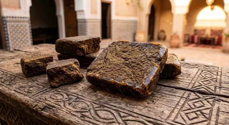 Blocs de hachich marocain traditionnel posés sur une table en bois incrustée dans un riad