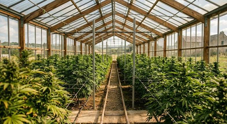 Vue intérieure grand-angle d'une serre de chanvre industriel européenne ensoleillée avec plants matures en rangées, lumière naturelle filtrée par le toit en verre