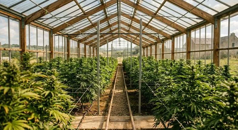 Vue intérieure grand-angle d'une serre de chanvre industriel européenne ensoleillée avec plants matures en rangées, lumière naturelle filtrée par le toit en verre
