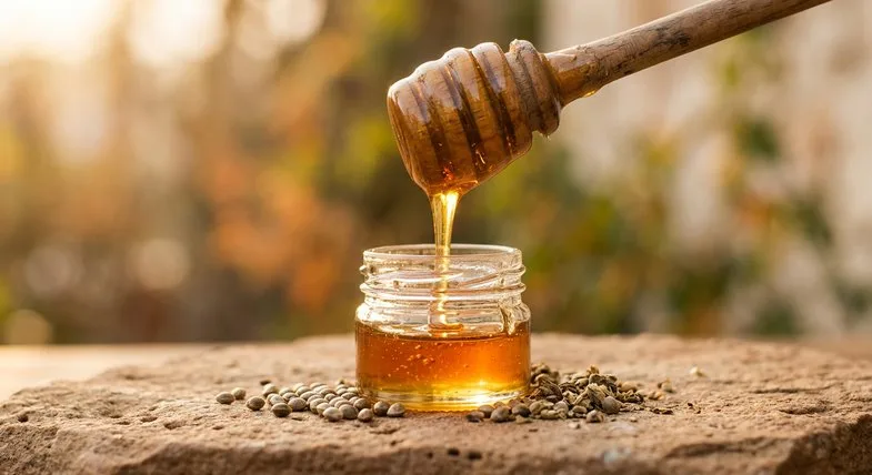 Gros plan macro de miel doré coulant d'un mélangeur en bois dans un petit pot en verre à côté de graines de chanvre, fond neutre, lumière chaude