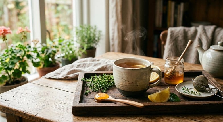 Nature morte d'une tasse en céramique de tisane chaude au thym avec miel et citron sur plateau en bois, ambiance domestique apaisante, lumière de fenêtre