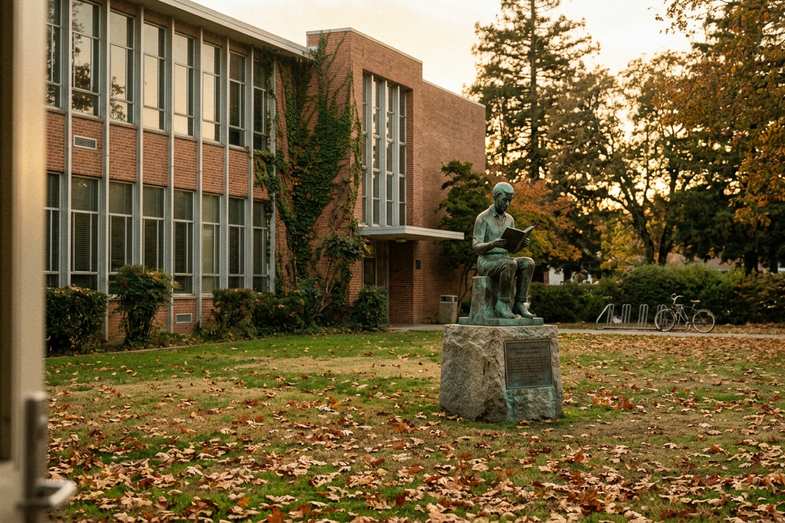Vue éditoriale d'un lycée californien avec statue commémorative et drapeau amber-green sur fond de paysage ensoleillé