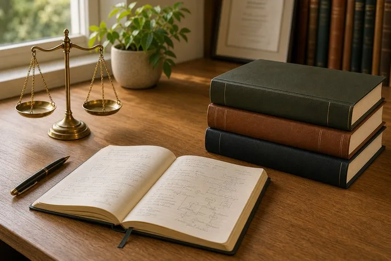 achat-cbd-legal-france-cadre-reglementaire-2026 Vue éditoriale d'un bureau de travail avec ouvrage juridique ouvert, balance de justice et livres de référence