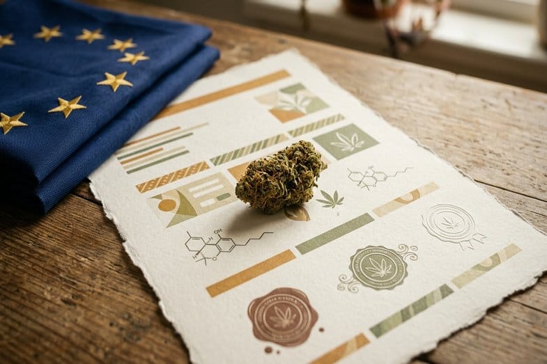 Certificat d'analyse stylisé avec fleur de chanvre et drapeau européen illustrant la conformité CBD en ligne